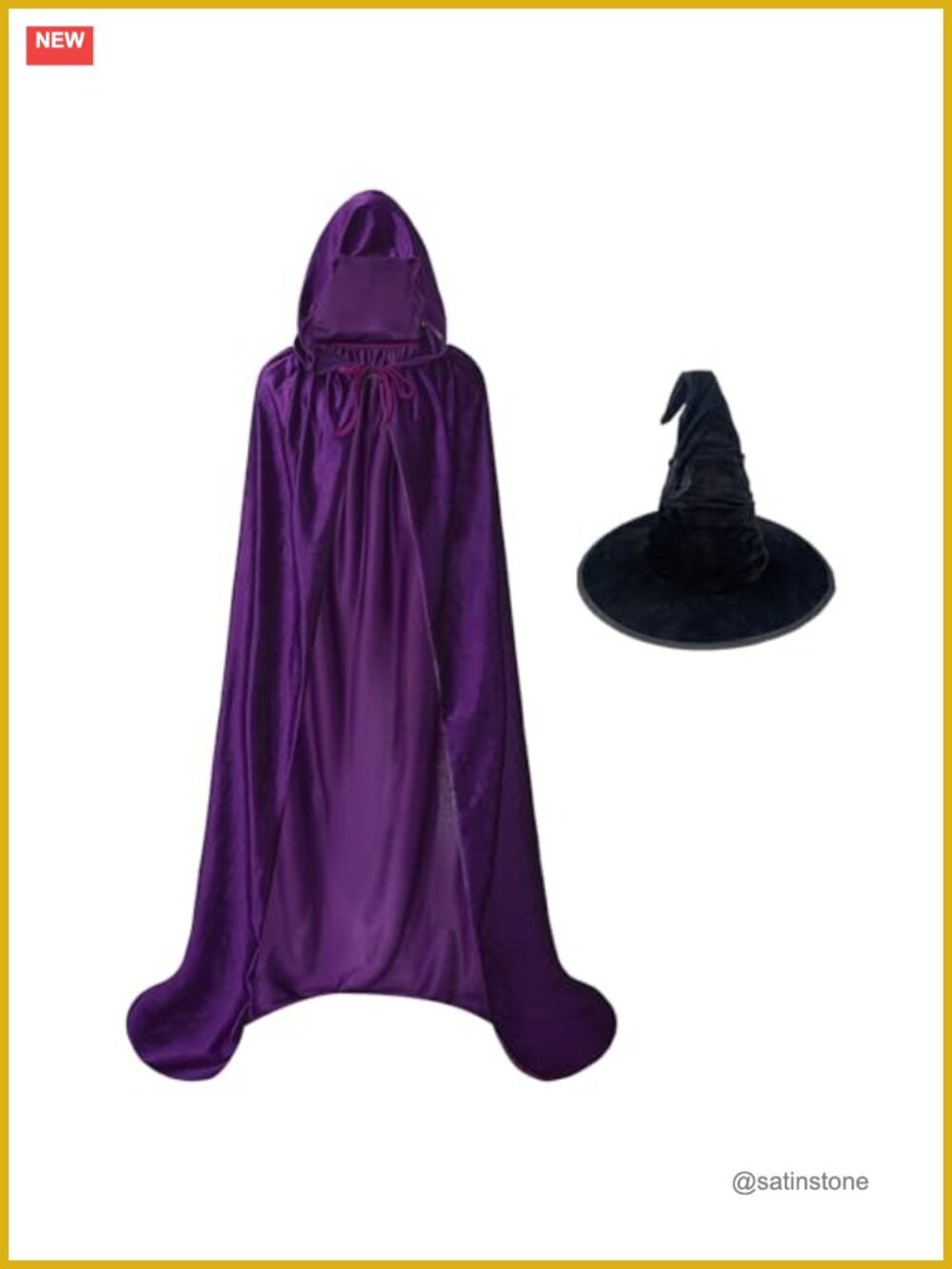 Velvet Cape Hooded Cloak Witch Hat Set Wizard Robe Halloween Costume